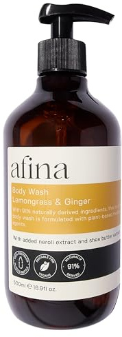 Afina Lemongrass & Ginger Luxury Body Wash - 500ml Shower Gel Bottle - Lemon, Bergamot & Ginger Notes with a Deep Base of Musk, Cedarwood & Heliotrope - Vegan Friendly Body Wash - UK Produced