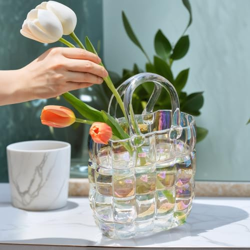 Lighterday Vas glas färgglad, glas handväska vas, blomvas modern genomskinlig, handväska glasvas, små vaser för bordsdekoration, tulpanvas glas färgglad
