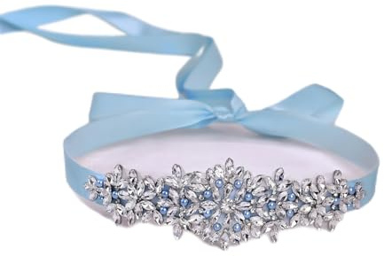 Jadvenword Kristall Brautgürtel mit Satinband, Hellblau, Strass Perlen Verzierung, Hochzeit Kleid Accessoire