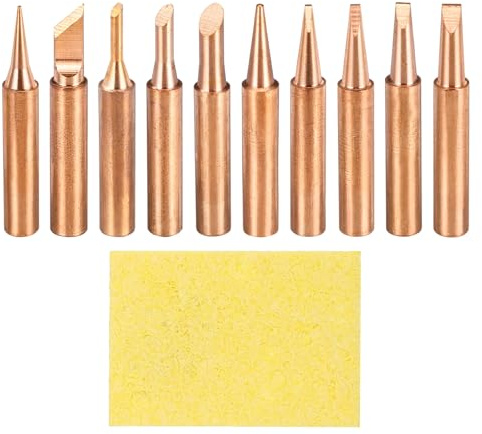 sourcing map 1 Set 900M Soldering Iron Tips Copper Non-Magnetic Welding Head with Cleaning Sponge Pad Replacement for Solder Station Tip (I+B+K+2C+3C+4C+1.2D+1.6D+2.4D+3.2D)