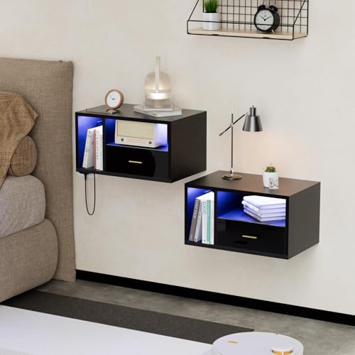 Ztexkee 2er Set Hängender Nachttisch mit Steckdose Nachtschrank hängend mit RGB LED Lichtleiste und 1 Schublade 2 Ablagefächer für Schlafzimmer, Wohnzimmer Schwarz