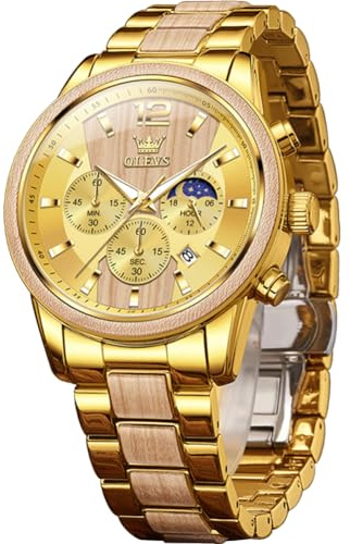 OLEVS Mens Wooden Watch Analog Quartz Stainless Steel Wirst Watches Luxury Dress Chronograph Waterproof Luminous Watches for Men Gift