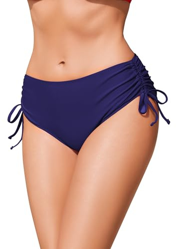 Ekouaer Women's Bikini Bottoms Adjustable Drawstring with Side Tie Stretchy Swimsuit Swim Bottom Mid Waist Swimwear Swimming Briefs Navy L