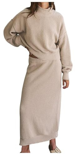 Celanisai Set da maglia da donna, 2 pezzi, casual, a maniche lunghe, a collo alto, maglioni, gonna a matita, per abiti a maniche lunghe, maglione e gonna, set invernale caldo, O beige., L