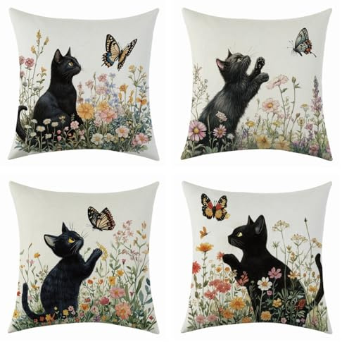 BREASOME Kissenbezug 45x45 cm 4er Set Kissenbezüge Schwarze Katze Schmetterling und Blumenmuster Kissenhülle Dekorative Sofakissen Dekokissen Zierkissenbezug für Sofa Couch Wohnzimmer Schlafzimmer | Dekorative weiche quadratische Kissenbezüge für Sofa, Schlafzimmer, Wohnzimmer