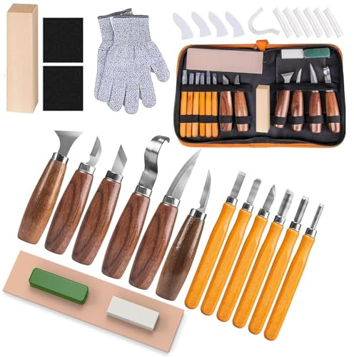 Woodworking Tools Case Set, Wood Whittling Carving Kit for DIY Lovers Beginners and Enthusiasts Gift Idea, Including Basswood Blocks, PU Storage Bag(20PCS) (20)