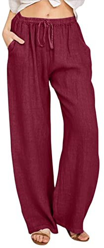 Pantaloni Donna Estivi Outfit Abbigliamento Estivo Pantalone Elegante Tuta Leggeri Lino Lunghi Eleganti Cotone In Viscosa Leggero Morbidi Taglie Forti Capri Con Elastico Vita Tre Quarti Larghi,Vino,S