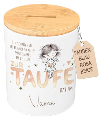 Spardose Taufe Personalisiert mit Namen und Datum - Geldgeschenk zur Taufe Mädchen & Junge - Keramik mit Holzdeckel - Schutzengel Erinnerungsbox Baby (Rosa, Mint, Beige)