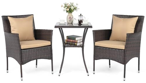 COSTWAY Conjunto Mesa y Sillas Jardin, Mesa y Sillas Terraza Exterior de 3 Piezas,Mesita de Cristal Templado de 2 Nivel,Muebles de Conversación para Exteriores con Cojines para Porche Piscina