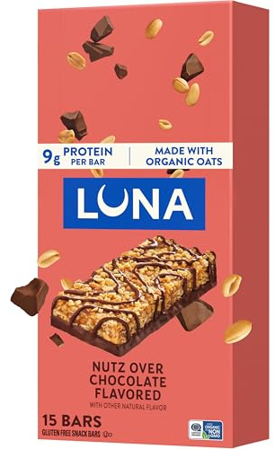 LUNA Bar - Nutz Over Chocolate Flavor - Gluten-Free - Non-GMO - 7-9g Protein - Made with Organic Oats - Low Glycemic - Whole Nutrition Snack Bars - 1.69 oz. (15 Count)