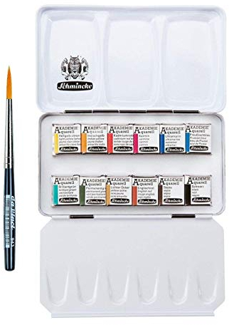 Schmincke Aquarellfarbe, Akademie Aquarell Malkasten, Metallkasten, 12 x 1/2 Näpfchen mit daVinci Synthetics Pinsel Reise