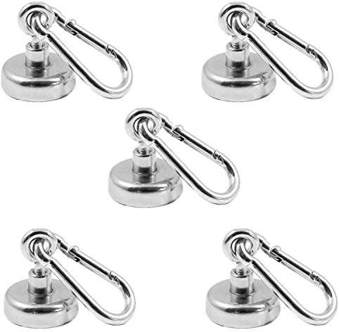 Magnetastico® | 5 Stück Neodym N35 Ösenmagnete mit Karabiner 25 mm Ø | Haltekraft 22 Kilogramm | Starke Neodym Karabinerhaken-Topfmagnete mit Öse bzw. Ringschraube verzinkt