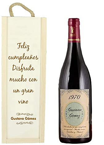 Calledelregalo Botella de vino personalizada -con etiqueta personalizada para regalo - En caja de madera personalizada incluida - Vino Saint Amour de Beaujolais