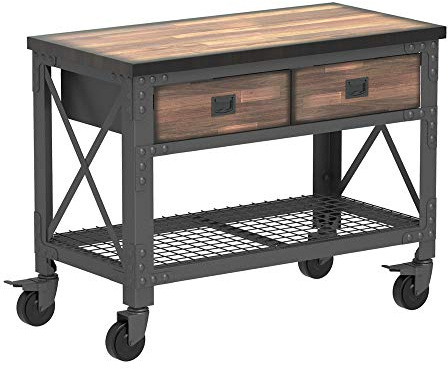 Duramax Etabli roulant à 2 tiroirs pour la maison, le garage et l'atelier, avec étagère en fil de fer, table de travail industrielle renforcée, capacité de 450 kg sur le dessus en bois, 122x61x94 cm