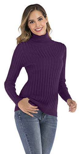 Enjoyoself Sueter Cuello Alto para Mujer Pull-Over Tops Primavera Otoño Sueter de Punto Sueter de Invierno calido y Elegante Sueter Elegante Calcetin Moderno Cuello Alto Mujer Basico, Purpura, XL
