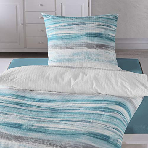 Traumschlaf Seersucker Bettwäsche Set •Bügelfrei• Erfrischendes Wellendesign luftig leichte Bettwäsche Sommer in türkis grau mit Reißverschluss • 200x220 cm + 2X 80x80 cm