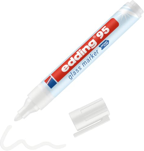 edding 95 Glass Marker - White - 1 Glass Pen - Round Nib 1.5-3 mm - Washable Window Marker Pen - for Writing and Marking on Glass Surfaces, Windows, glassboards, whiteboards - Dry-wipeable