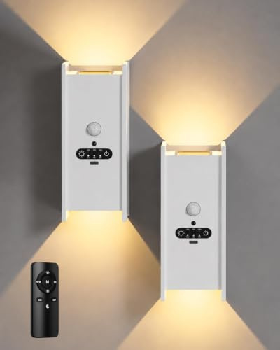 ACMHNC 2 Stück Akku Wandleuchte mit Bewegungsmelder, Fernbedienung | 6W LED Wandlampe ohne Stromanschluss, USB Aufladbar, Dimmbar 3 Farben, Up Down Lampe für Flur Treppe Schlafzimmer, Weiß