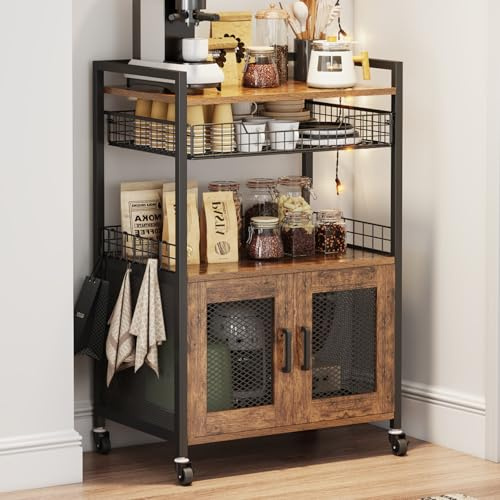 Hencawima Coffee Bar Cabinet, 3 Tier Coffee Station Table on Wheels, 35.9 H Bar Cart with Wire Basket Drawer & 5 Hooks for Home Kitchen, Liquor Buffet Sideboard Cabinet (Rustic Brown)