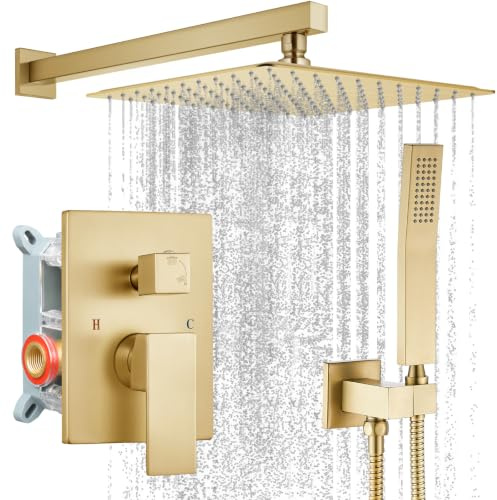 gotonovo Rainfall Bathroom Shower System Rain Shower Head and Handle Set Wall Mounted Shower Complete Combo Solid Brass Pressure Balancing Shower Mixer Valve 10 Inch Brushed Gold