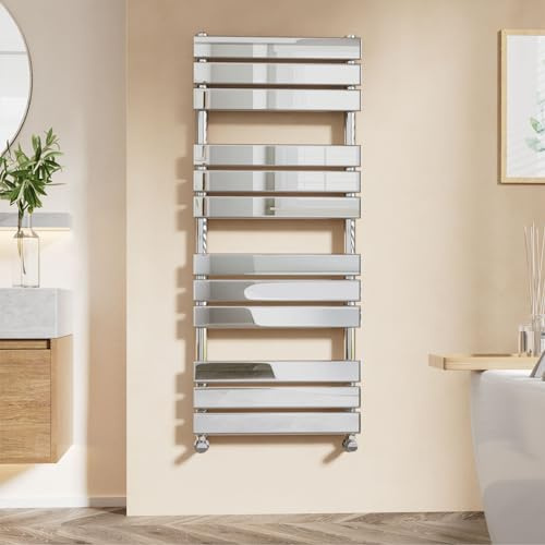 EMKE Chrome Towel Radiator - Flat Panel Heated Rail for Bathroom, Versatile Wall/Floor Mounted, 1200 x 500 mm
