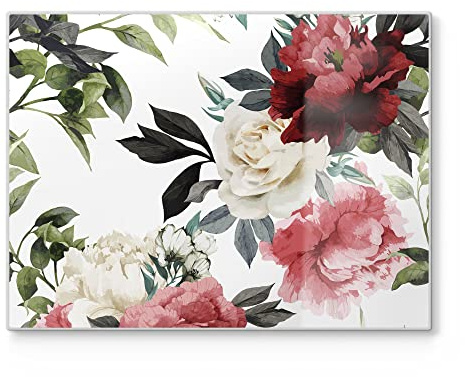 DEQORI Schneidebrett aus Glas | groß 40x30 cm | Motiv Bunte Pfingstrosen | Design Schneideplatte für Küche | Frühstücksbrett antibakteriell & rutschfest | Glasplatte & Servierplatte