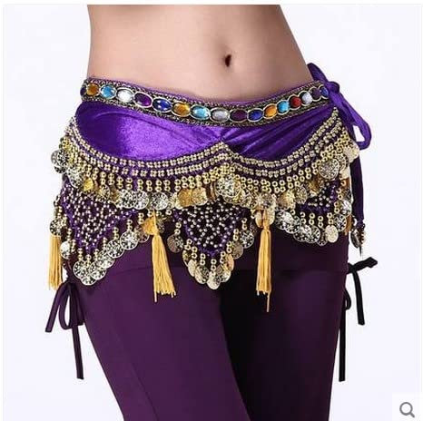 HXSCOO Bauchtanzkostüme Samtlaterne Goldmünzen Bauchtanz Hüfttuch for Frauen Bauchtanzgürtel (Color : Lila, Size : One Size)