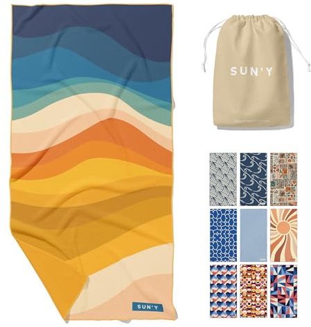 SUN'Y Waffle Microfiber Beach Towel – Sand Free, Quick Dry, Ultra Absorbent, Lightweight & Compact Travel Towel with Carry Bag - Large (63” x 31.5”), Boho