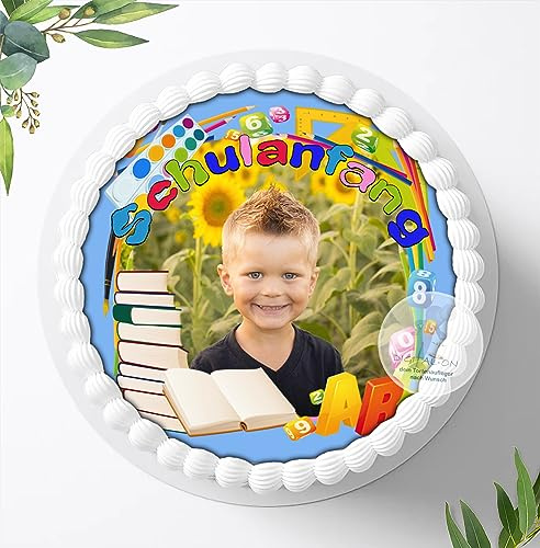 Tortenaufleger Einschulung personalisiert mit Name – essbares Tortenbild für den ersten Schultag – Tortendeko Schulanfang Schulkind ABC Schützen für Jungen & Mädchen aus Fondant, Ø 20cm, 0201w.