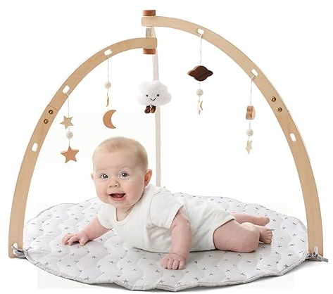 Promise Babe Spielbogen Baby Holz mit Spieldecke für Babies,Natur Holz Baby Spielbogen mit Stern Mond Wolken Spielzeuge Anhänger Wickeltisch Babybett Babydecke mit Activity Spielbogen