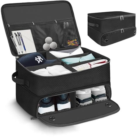 VOPHIA 2 Layer Golf Trunk Organizer with Separate Compartment for 2 Pair Shoes Ball Storage Waterproof Car Golf Locker to Store Golf Accessories Collapsible & Foldable Golf Travel