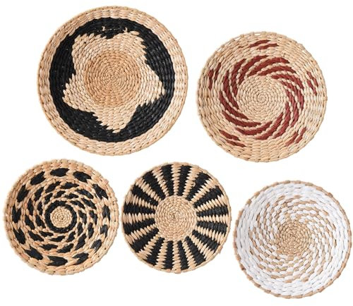 LKPOMI Boho-Wandkörbe, 5er-Set, Dekorativer, Flach Gewebter Graskorb, Wanddekoration, Runde Wandkunst-Hängekörbe für Rustikale Heim- und Küchendekorationen, Verschiedene Größen(Mehrfarben)