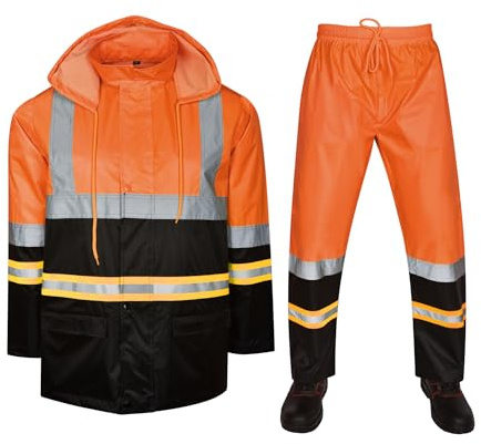 Hi Vis Viz - Tuta antipioggia leggera a contrasto, set da 2 pezzi, con cappuccio, unisex, in PVC, impermeabile, giacca e pantaloni, abbigliamento da lavoro, Nero con giallo fluorescente, L