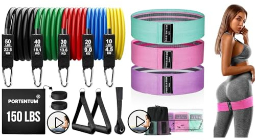 PORTENTUM Elastique Musculation avec 5 Niveaux différents allant jusqu'à 150 lbs (68 kg) & Elastique Musculation Lot de 3 Bandes Elastiques de Fitness antidérapantes en Tissu