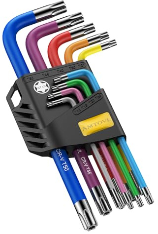 AMTOVL Juego de llaves Torx Allen, juego de 9 llaves Allen Torx Star, juego de llaves de estrella de brazo largo T10-T50, acero al cromo vanadio y acero S2