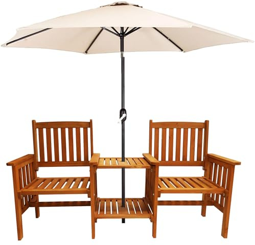 Hardwood Garden Love Seat Patio Companion Chair Garden Patio Furniture Wooden Chairs Outdoor Living 2 Seater with Table Decking Conservatory with Parasol Option (Love Seat with Cream Crank Parasol)