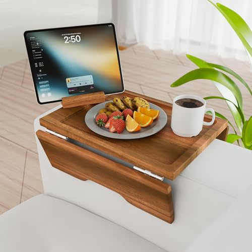 Couch Arm Table Tray with Phone & Tablet Holder – Acacia | Premium Clip-On Sofa Arm Tray for Snacks, Drinks, Remotes, and More – Perfect Sofa Side Table for Living Room Comfort