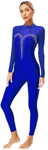 Vxuxlje Damen Turnanzug Patchwork Gymnastikanzug Sportlich Ganzkörperanzug Strass Tanzanzug Einteiler Overall Tanzbody Blau L
