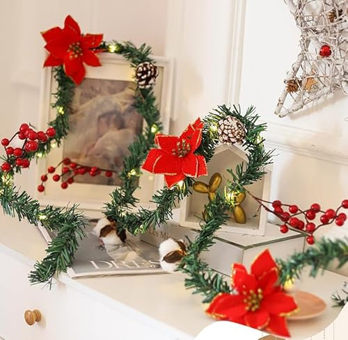 DUOJIN Ghirlanda natalizia artificiale con 30 luci LED, funzionamento a batteria con pigne, bacche rosse, aghi di pino, ghirlande natalizie da 3 m, per interni ed esterni