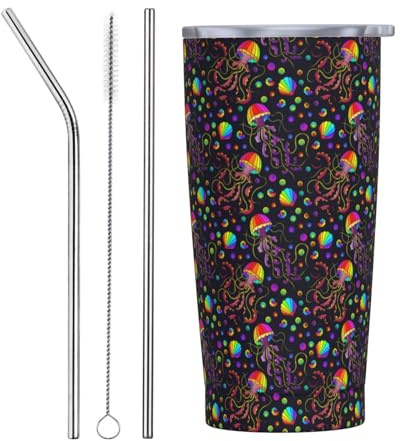 VOSERY 20 Oz Tumbler Water Bottle with Lid and Straw, Rainbow Jellyfishes Insulated Tumbler Stainless Steel Cups, Travel Coffee Mug Personalized Tumbler