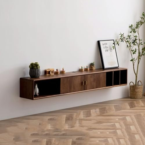TV Schrank Hängend Wandmontierter schwebender TV-Schrank aus Walnussholz mit Türen und offenen Ablageflächen, TV-Konsolentisch, hängende Schränke for Unterhaltungsmedien TV Lowboard Hängend(220*25*25c