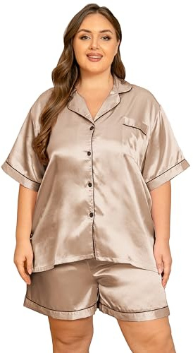 Vozanet Women's Short Sleeve Satin Pajama Sets Silky Ladies Button Down Loungewear Plus Size Nighty Shorts Sets XL to 5XL Soft Sleepwear V Neck Two Piece Pjs, Dark Champagne, 3X-Large