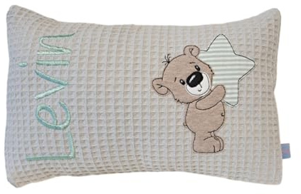 Personalisiertes Kissen zur Geburt und Taufe | Bestickt mit Namen und süßem Tiermotiv | Waffelpiqué (Bär mit Stern, 20cm x 30cm)