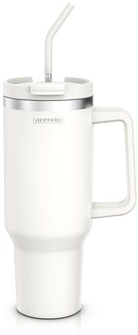 arendo Mug Isotherme avec Paille 1.2L, Froid 12h, Chaud 6h, Quencher Thermos Passe au Lave-Vaisselle, Gourde isotherme paille en acier inoxydable et brosse de nettoyage Fermeture hermétique Sans BPA