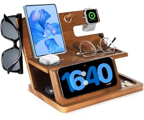 Gifts for Men 3-in-1 Charging Stand iPhone 16 Wireless Charger Station, Nightstand Organizer Wood, Fathers Day Perfect for Dad Husband Boyfriend Son, for iPhone 16/15/14/13/12 and Pro, AirPods, Watch