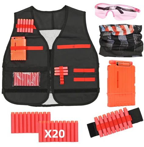 LUUFAN Tactical Vest Kit for NERF Guns with Reload Clips, Refill Darts, Wrist Band, Tactical Mask Protective Glasses for Birthday Party Thanksgiving Gift