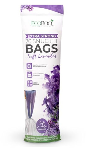 EcoBag - Lavender Scented Kitchen Drawstring Bin Liner - 20L - 24 Microns - Heavy Duty, Extra Strong, Tear Resistant, Odor Control (420 x 760mm) (20L, Pack of 1 (20 Count))