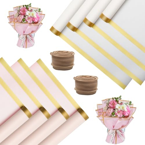 40 presentpapper med blombukett papper - rosa och vit vattentät blomförpackning papper - 2 fiskstjärtband för blommor presenter