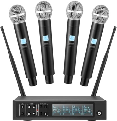 Boeska Wireless Microphone System, 4x50 Channels Cordless Handheld Microphones, 200FT UHF Range, Mics with Stable Signal Transmission for Karaoke Singing Party Church Wedding PA Speaker