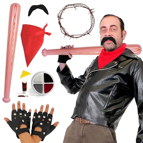 Negan-inspiriertes Kostüm-Set - Lederoptik Jacke, rotes Bandana, aufblasbarer Fledermaus & Schnurrbart für Erwachsene Fasching & Cosplay